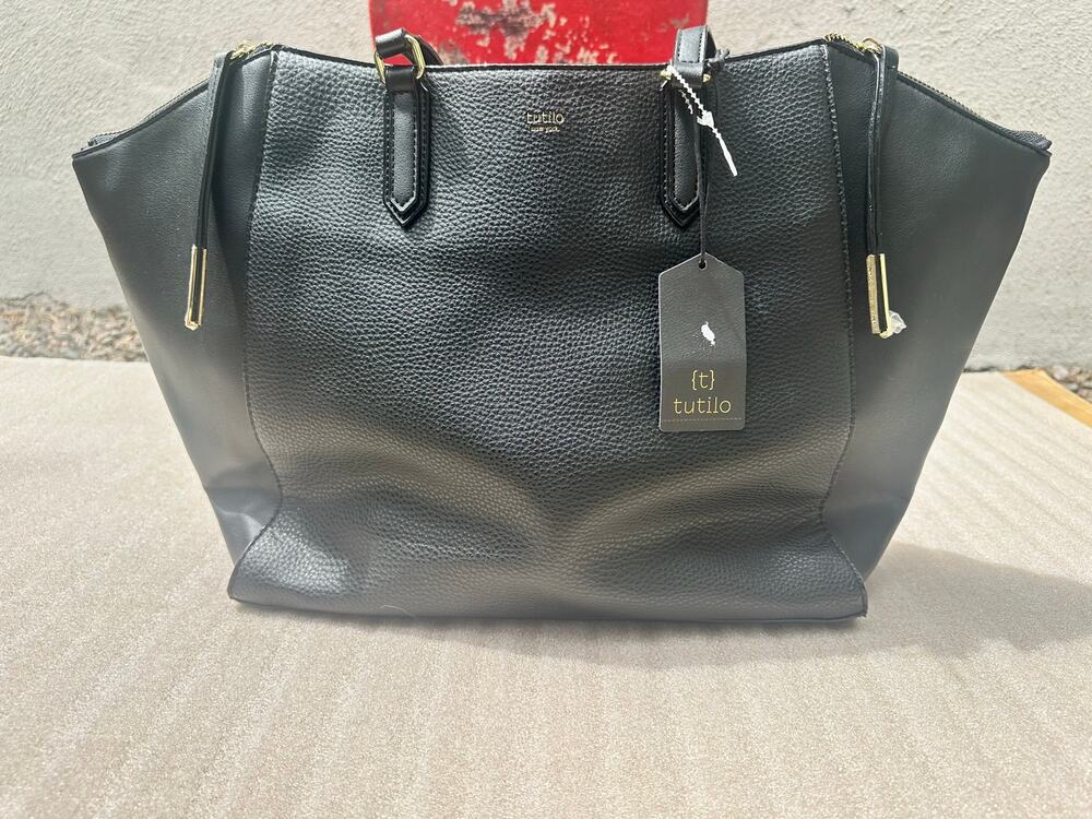 NWT Tutilo New York Black Carryall Tote Shoulder Bag Pebbled Faux Leather